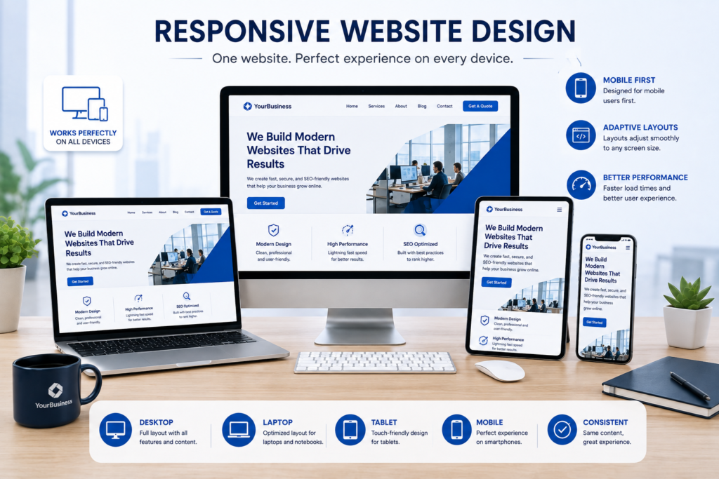 Responsive website displayed on desktop, laptop, tablet, and smartphone screens.