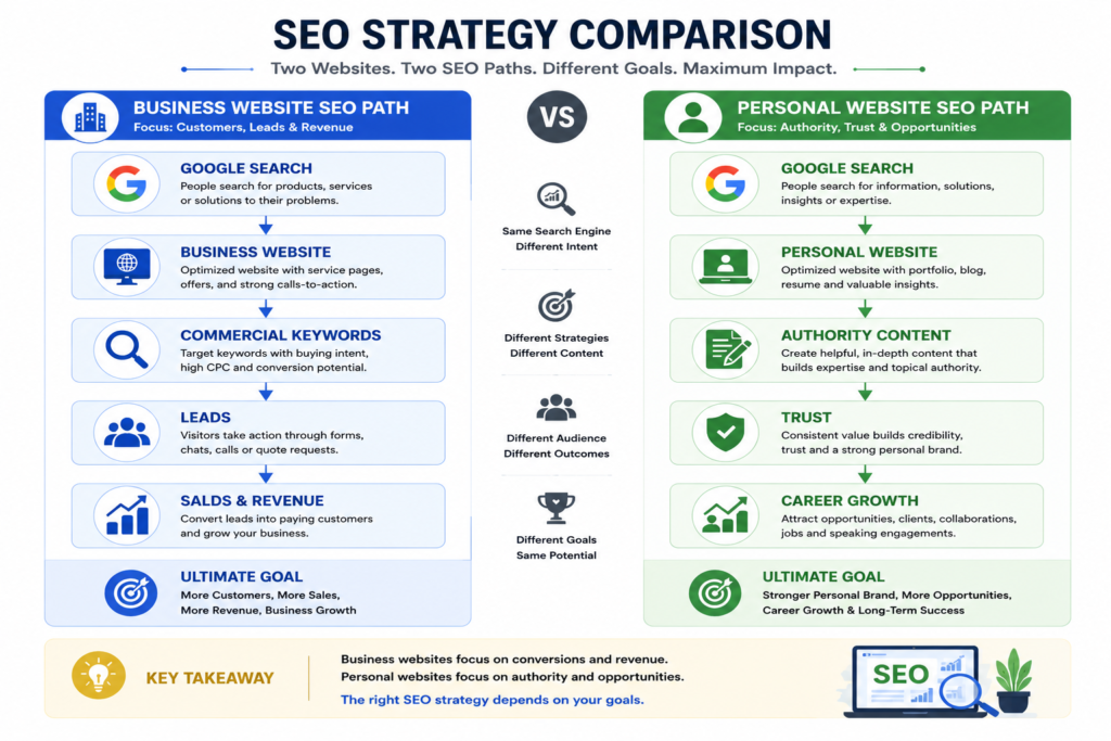Diagram comparing SEO strategies for business websites and personal websites.