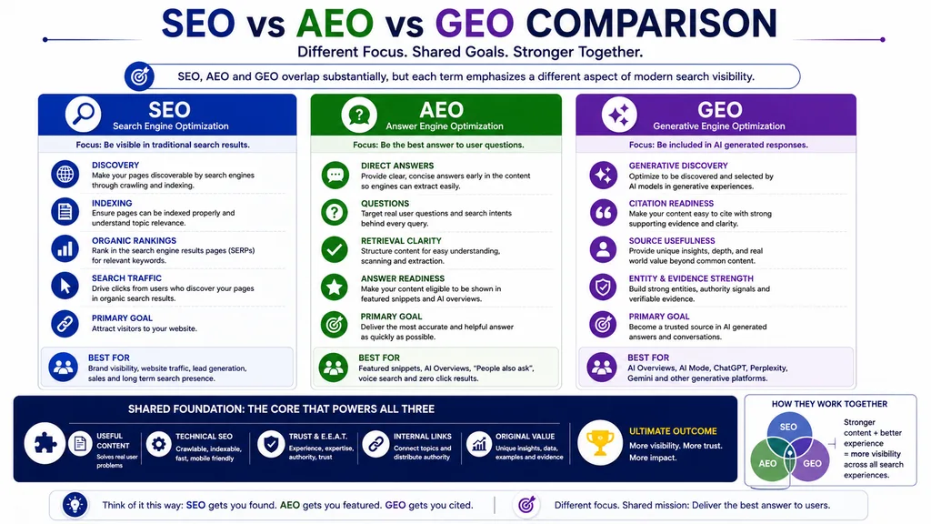 AEO topical architecture showing separate pages for AEO basics, implementation, comparison, audit, measurement and tools