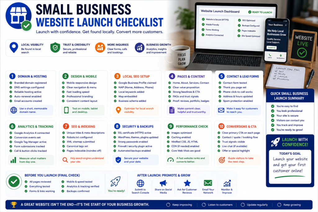 Small business website launch checklist covering domain, mobile design, local SEO, forms, analytics, security, and conversions.