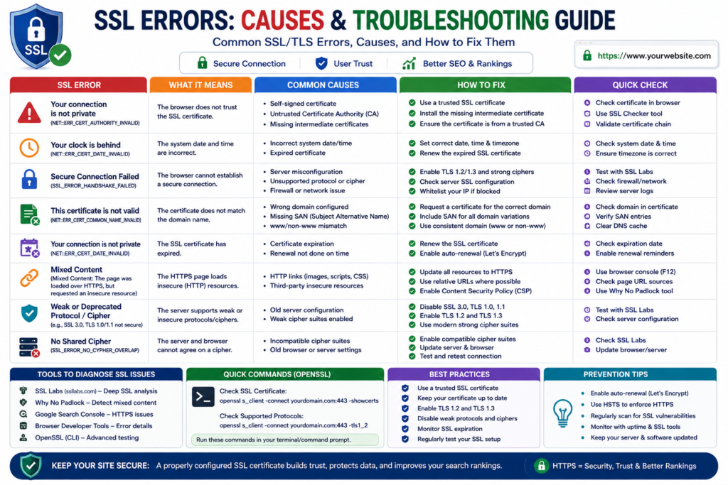 Infographic showing common SSL certificate errors with troubleshooting steps.