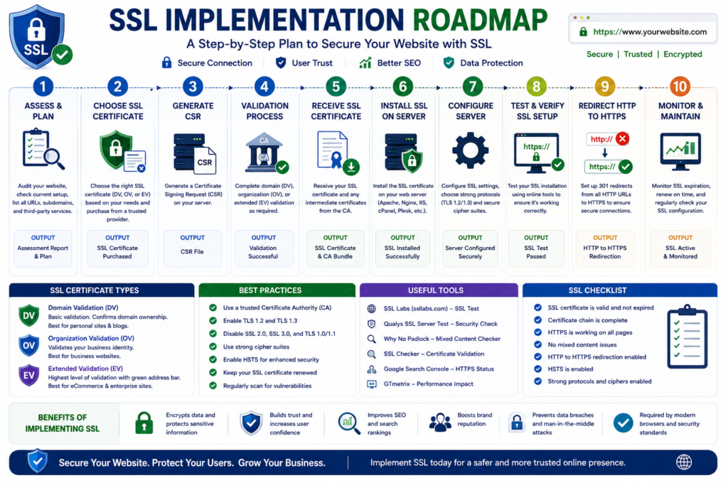 Roadmap illustrating the complete SSL certificate lifecycle from planning to monitoring and renewal.