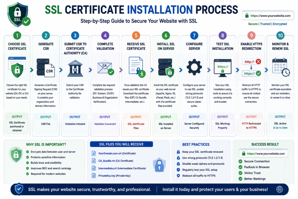 Step-by-step workflow illustrating SSL certificate installation and HTTPS configuration.