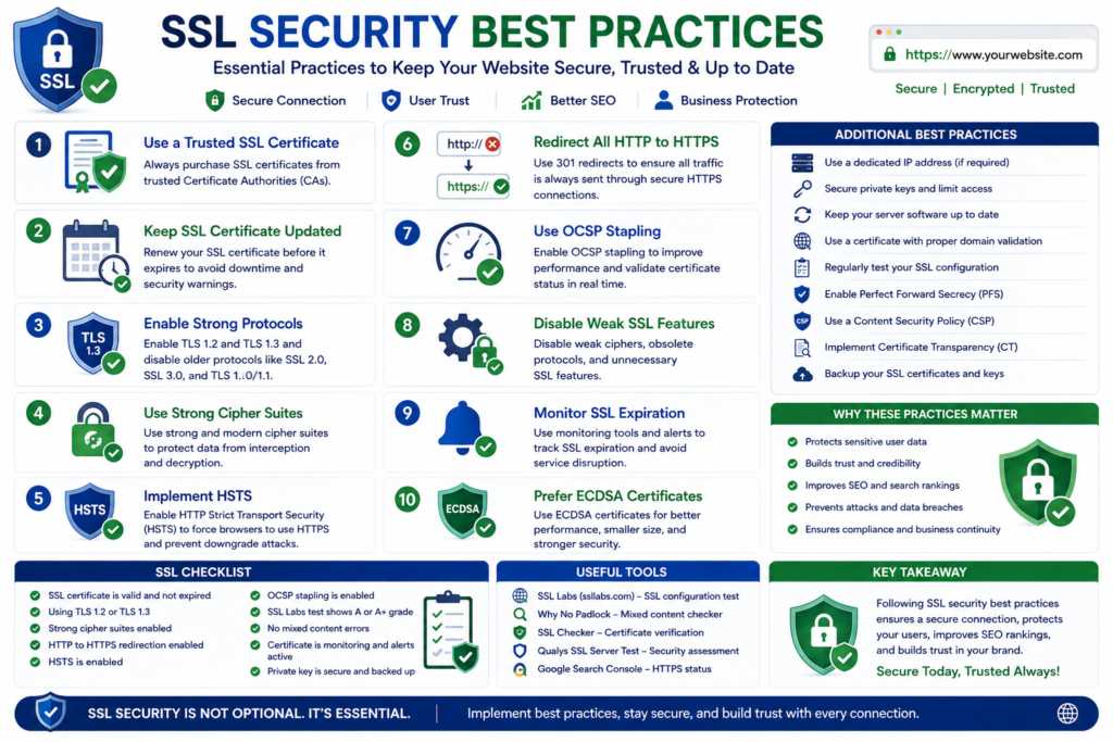 Checklist infographic showing SSL security best practices for website owners.