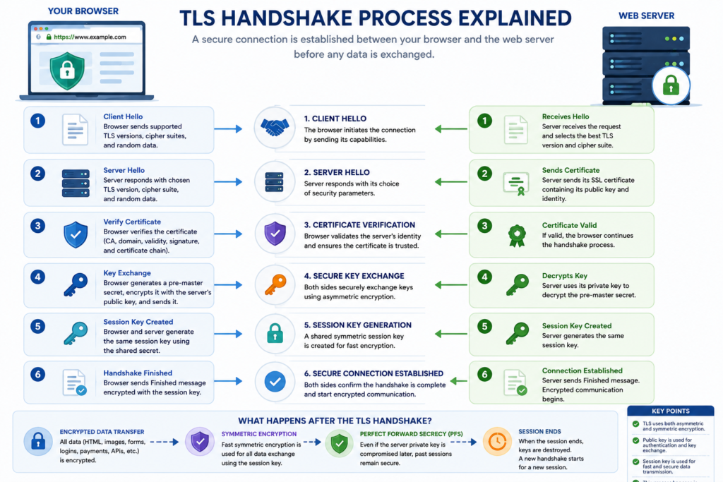 Step-by-step illustration of the TLS handshake between a browser and web server.