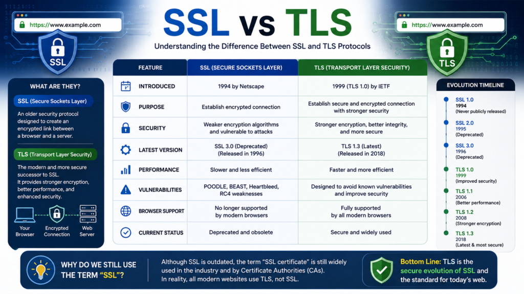 Comparison infographic explaining the differences between SSL and TLS security protocols.