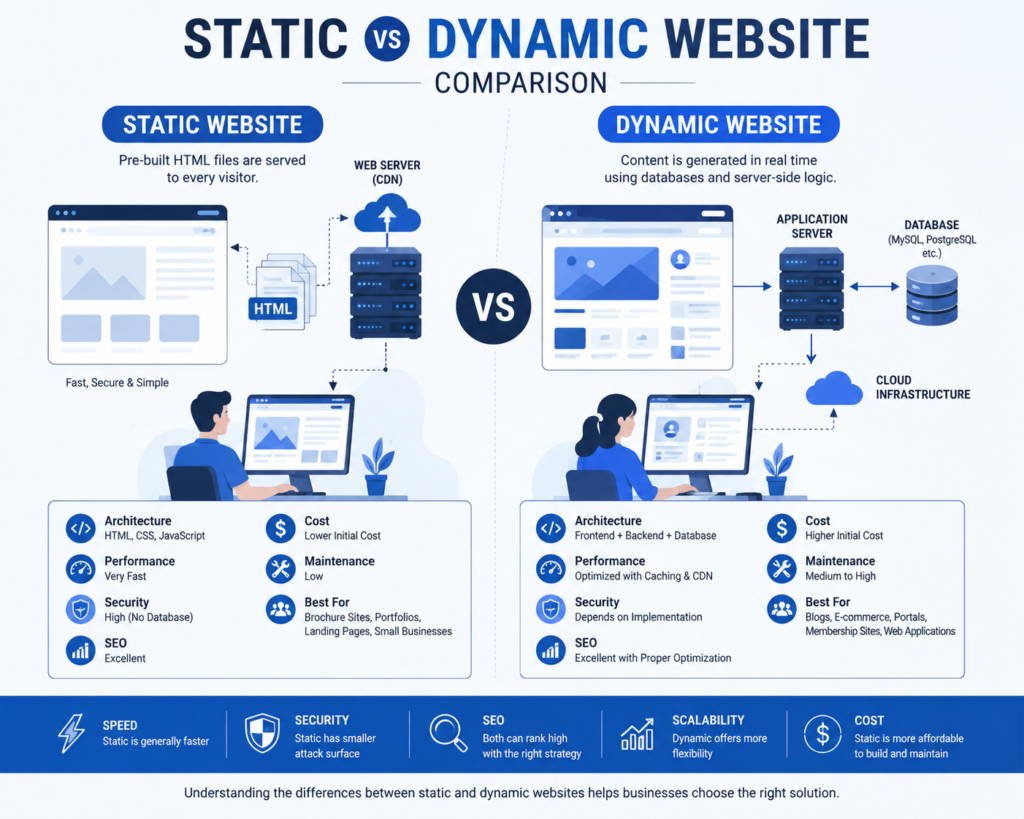 Comparison between a static website and a dynamic website showing architecture, speed, security, SEO, and functionality.