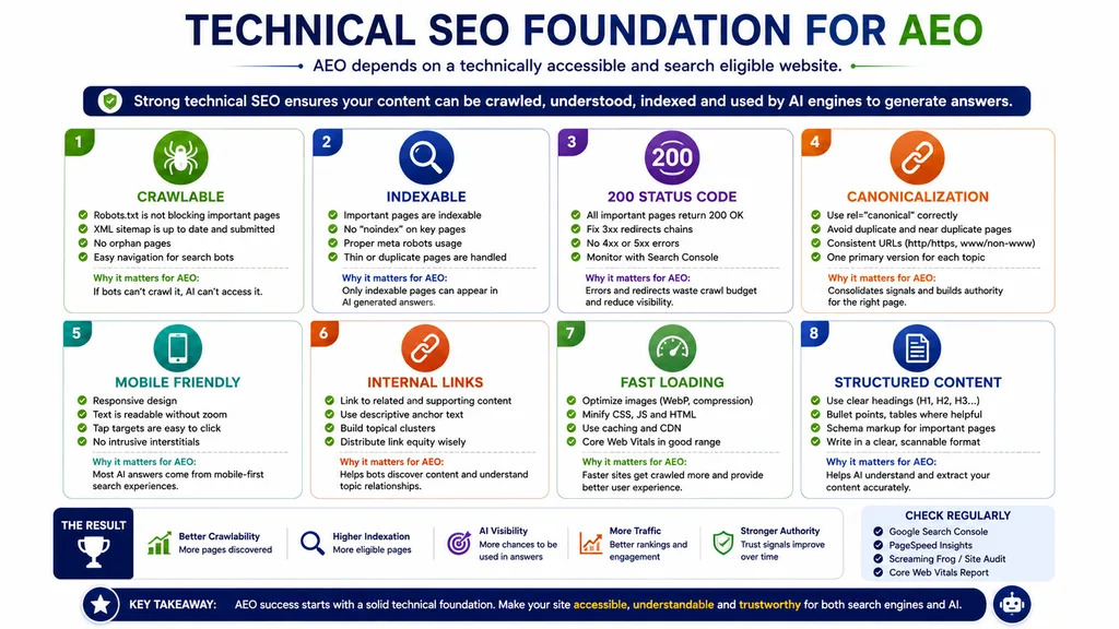 Technical SEO foundation for AEO showing crawlability, indexability, canonical URLs, HTTPS, mobile usability and internal linking