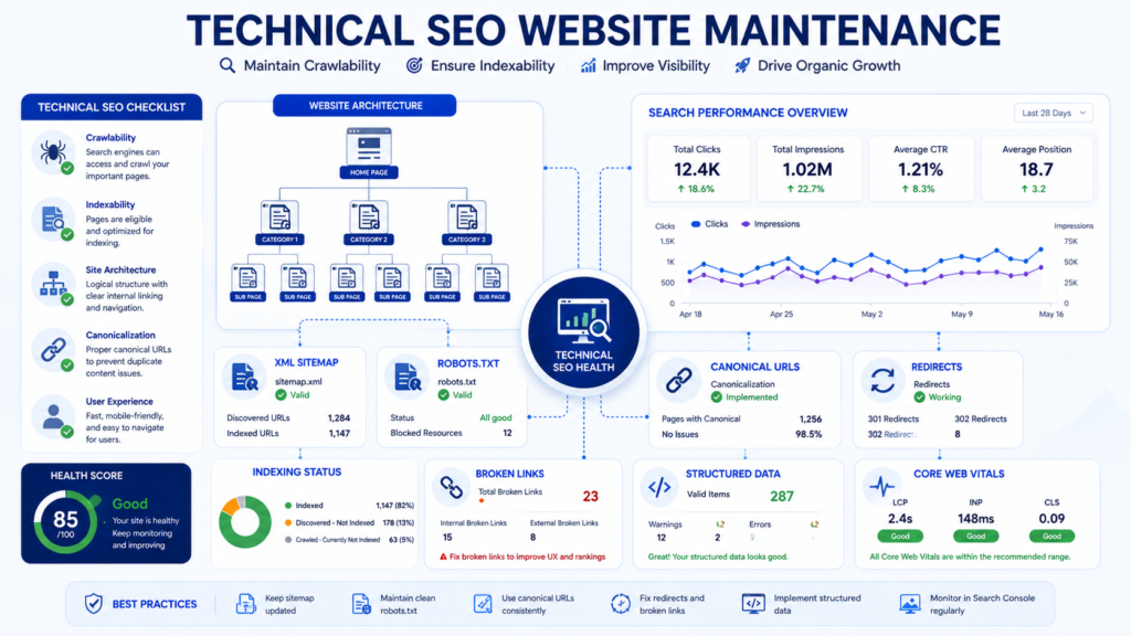 Technical SEO maintenance showing Google Search Console, indexing, XML sitemap, robots.txt, canonical URLs, redirects, and broken links.