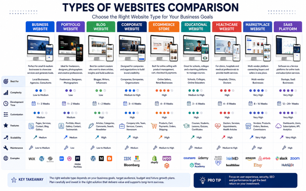 Comparison of different website types including business websites, eCommerce stores, portfolios, corporate websites, blogs, and enterprise platforms.
