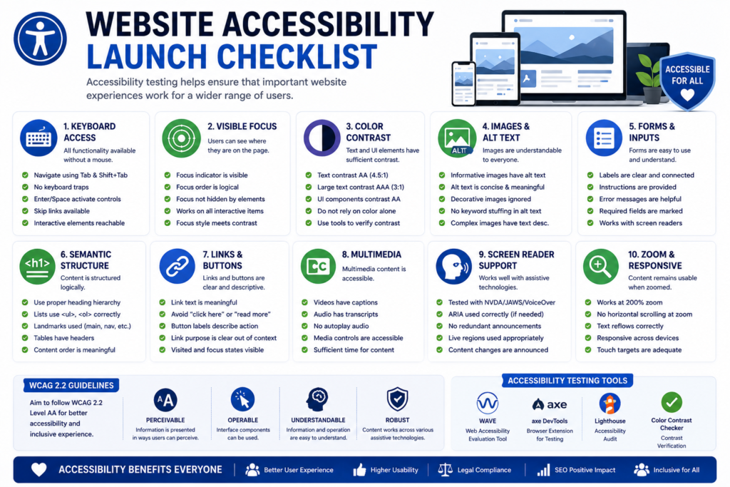 Website accessibility checklist showing keyboard navigation, focus, contrast, alt text, forms, and WCAG testing.
