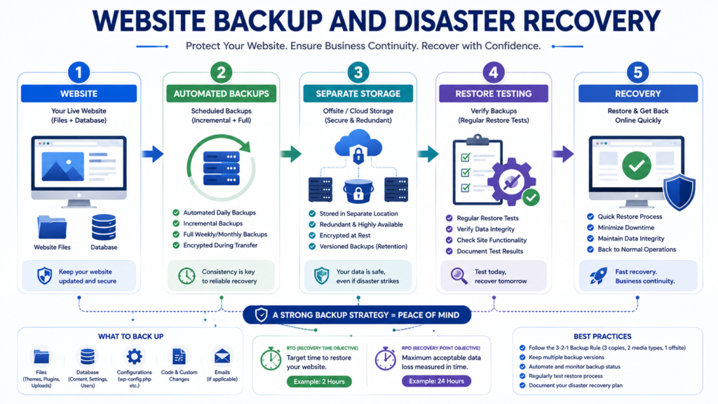 Website backup and disaster recovery process showing website files, database backups, offsite storage, restore testing, RTO, and RPO.