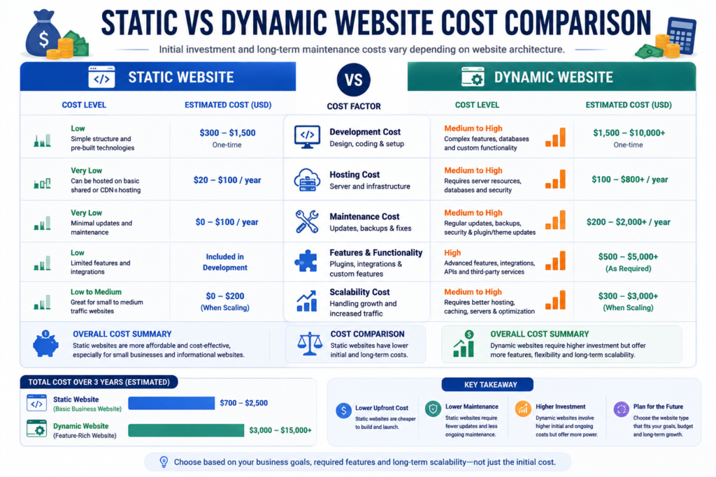 Infographic comparing website development, hosting, maintenance, and long-term costs.