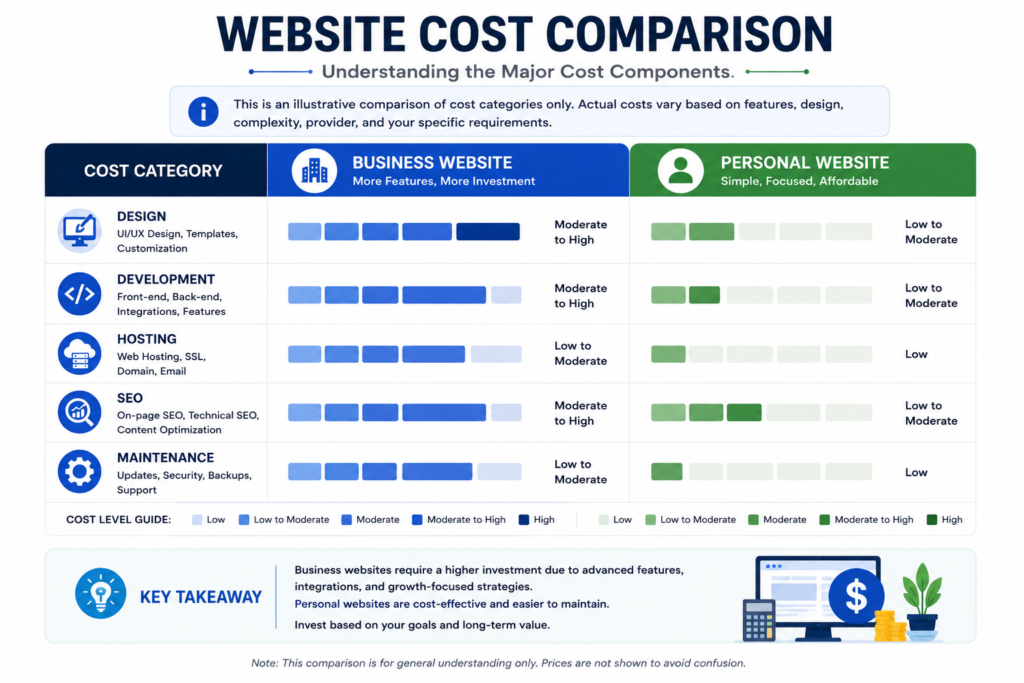 Illustrative comparison of website cost categories for business and personal websites.