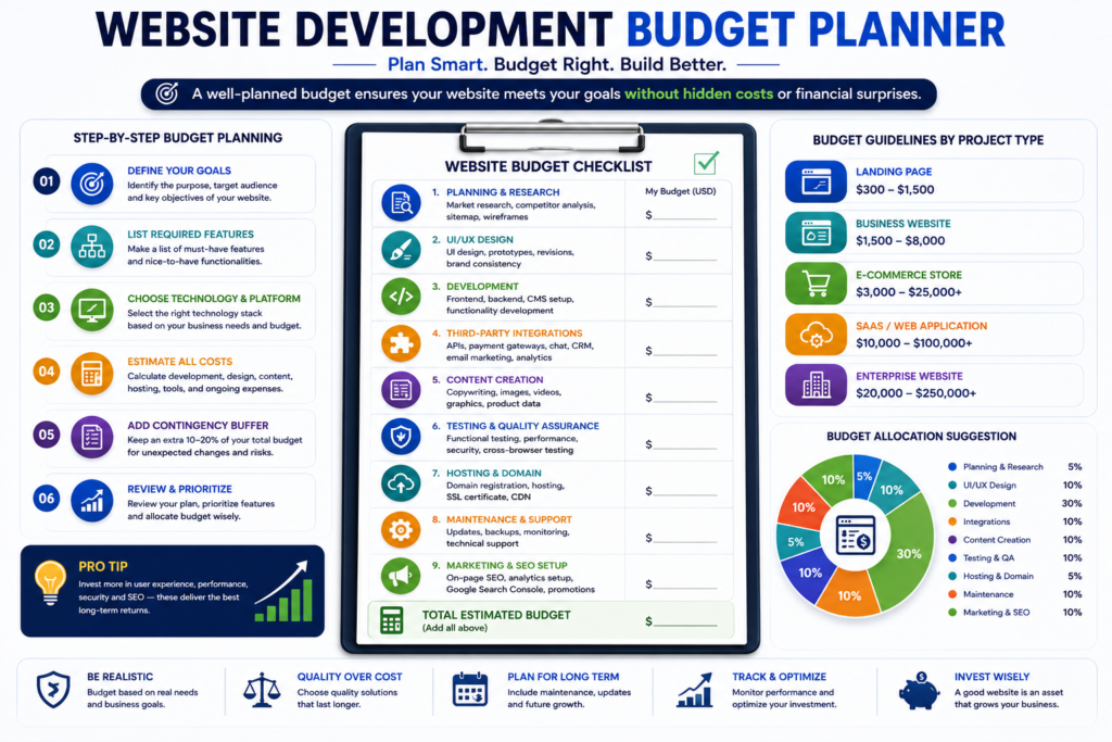Professional checklist for planning a website development budget.