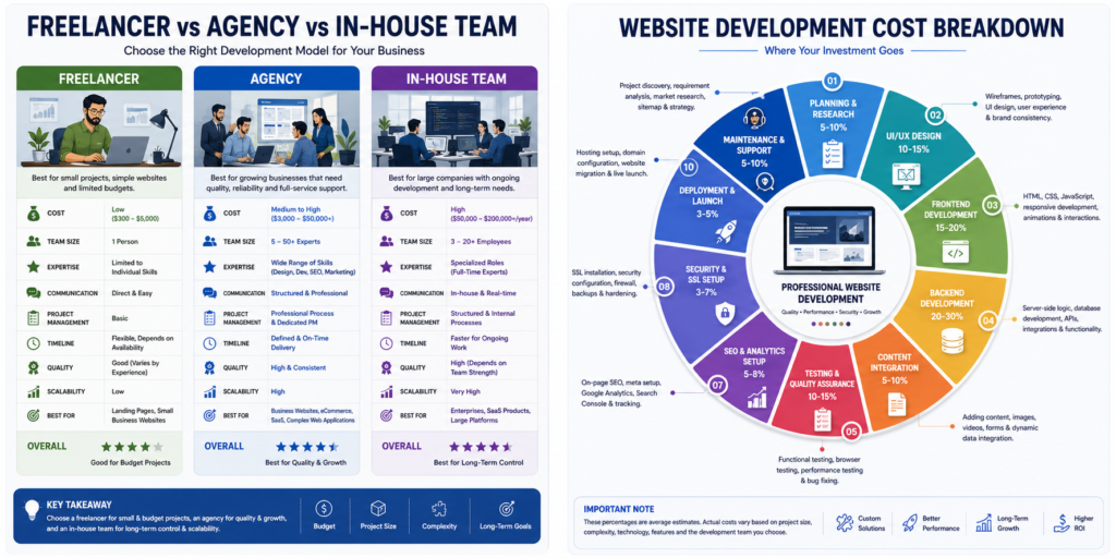 Breakdown of website development costs from planning to maintenance.