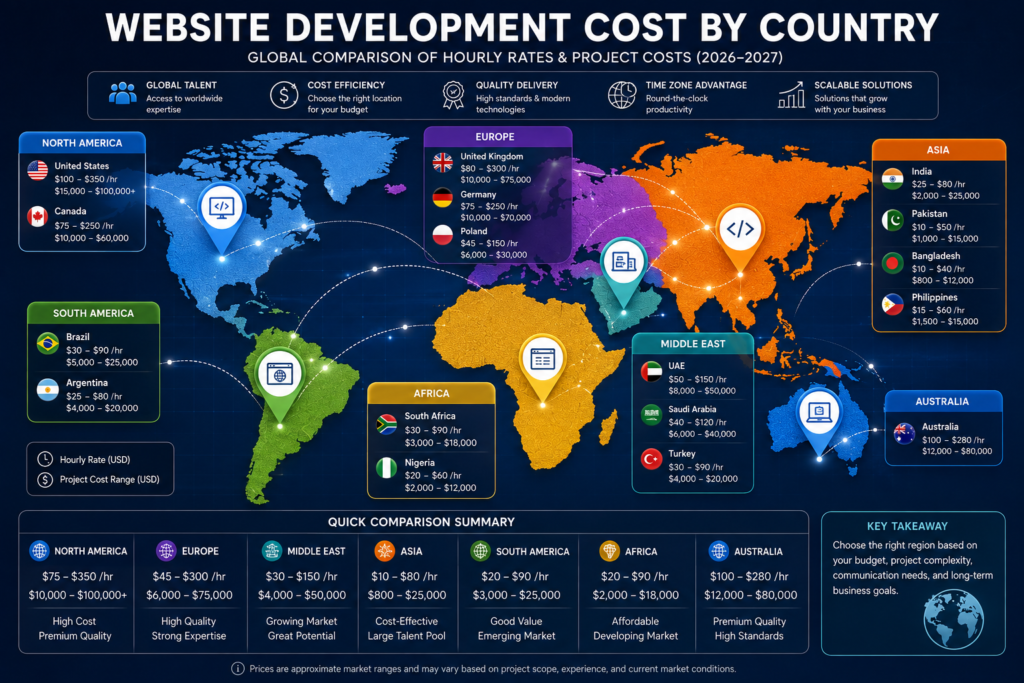 Worldwide comparison of website development costs by country and region.