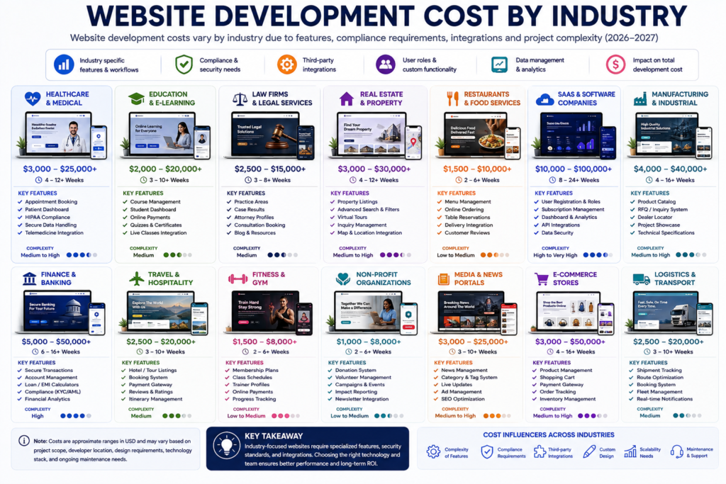 Website development costs for healthcare, education, law firms, real estate, restaurants, SaaS, and manufacturing.