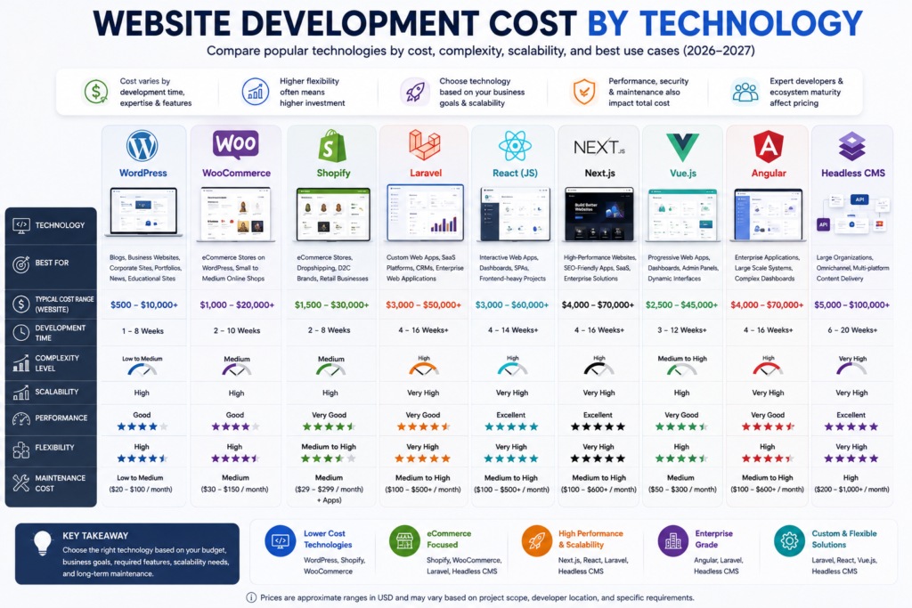 Comparison of WordPress, Shopify, Laravel, React, Next.js, WooCommerce, and custom website development costs.