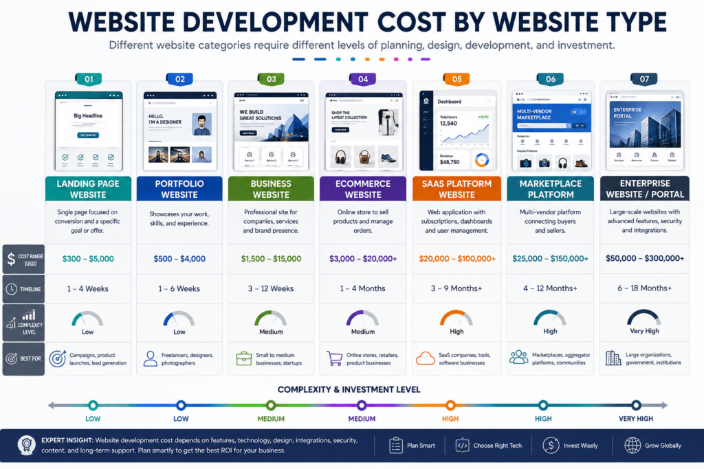 Comparison of website development costs for landing pages, business websites, eCommerce stores, SaaS platforms, and enterprise websites.