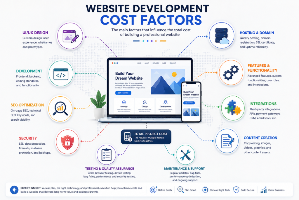 Illustration showing the main factors affecting website development costs worldwide.