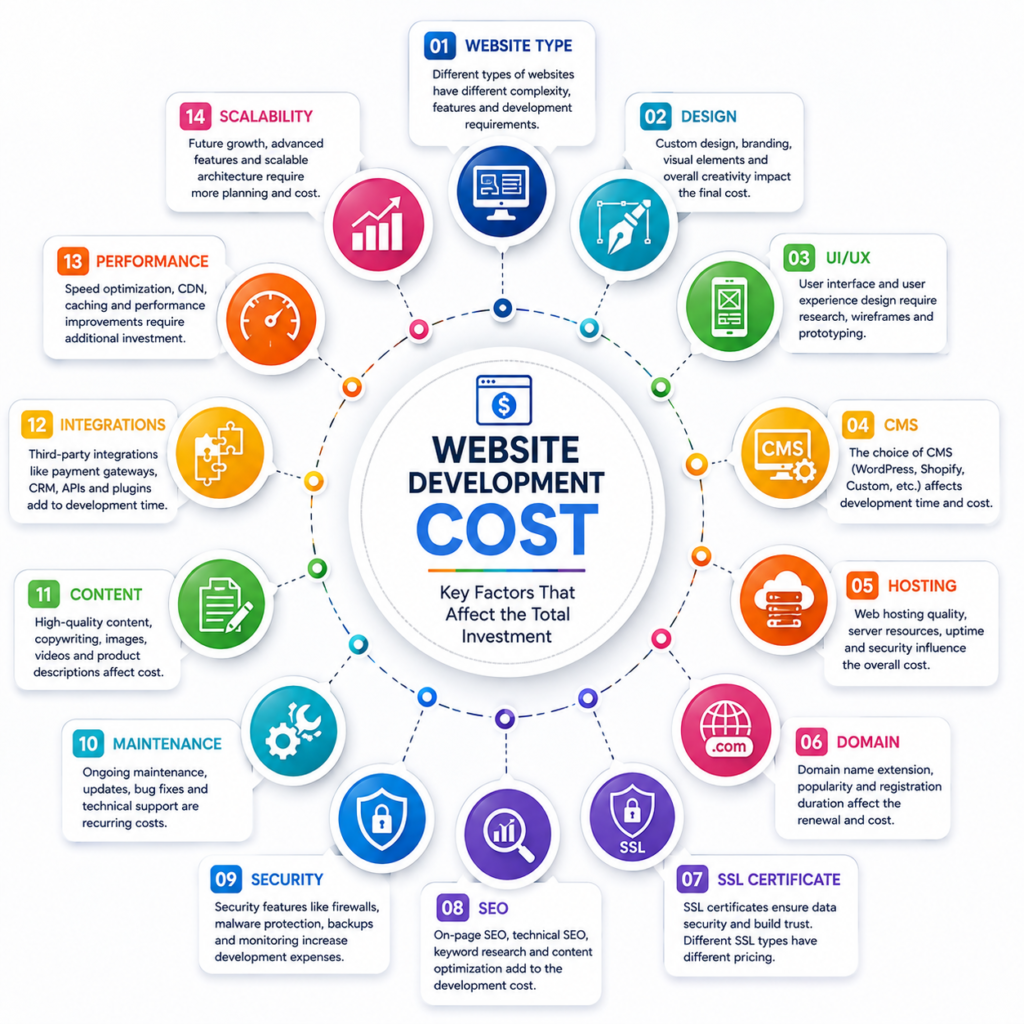 Diagram showing the major factors that affect website development pricing, including design, features, hosting, SEO, security, and maintenance.