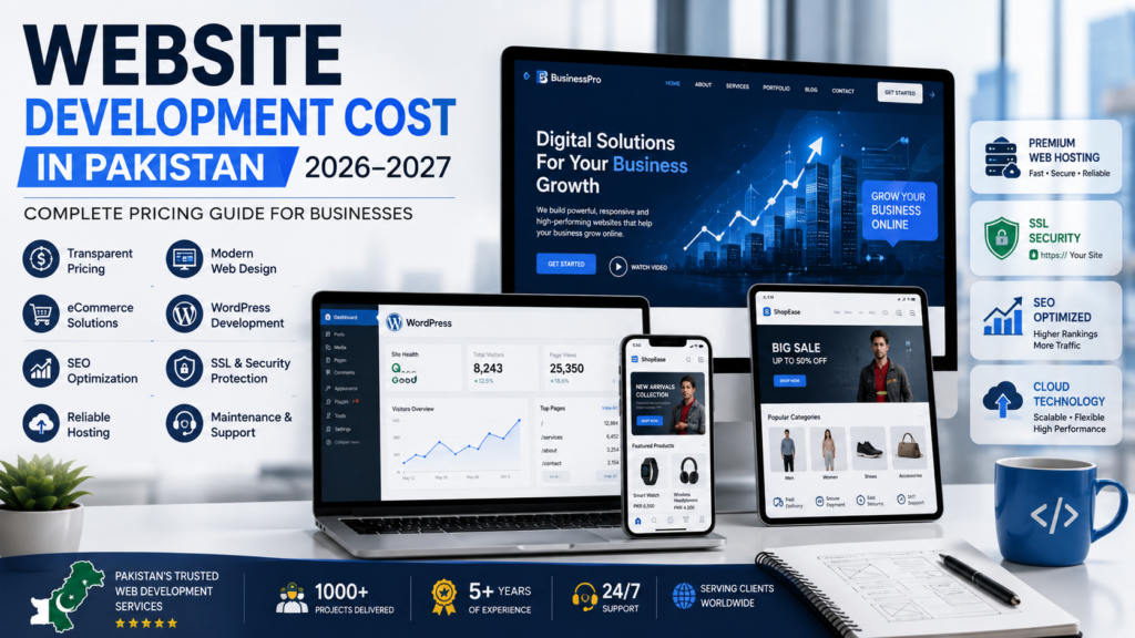 Professional website development cost in Pakistan showing business websites, eCommerce stores, WordPress, Shopify, pricing, SEO, and web design services.