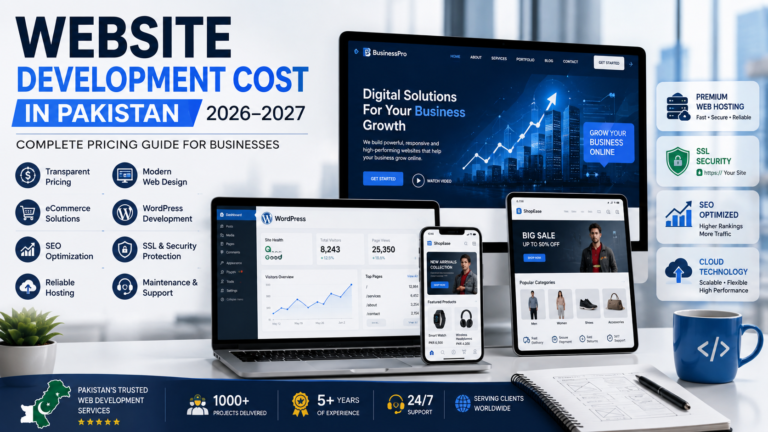 Professional website development cost in Pakistan showing business websites, eCommerce stores, WordPress, Shopify, pricing, SEO, and web design services.