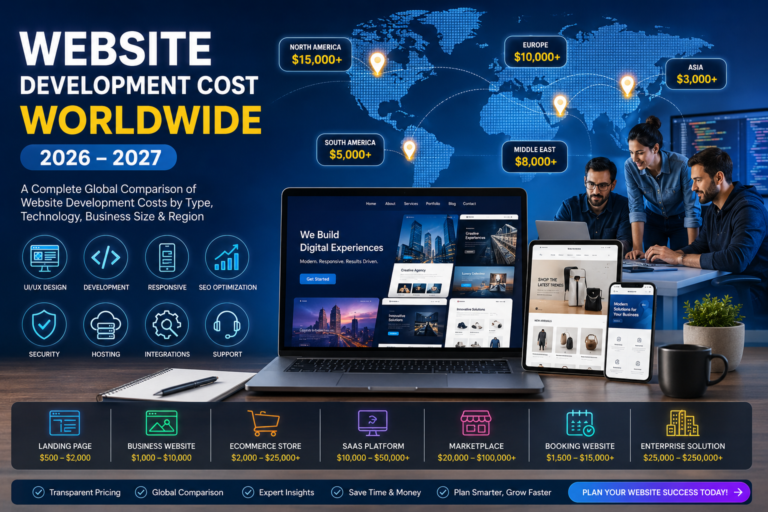 Website Development Cost Worldwide comparison showing business websites, eCommerce, SaaS, agencies, freelancers, and global pricing.