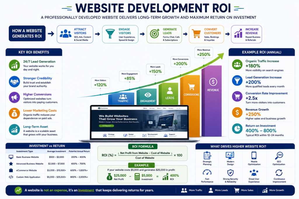Illustration showing how website development generates business growth and ROI.