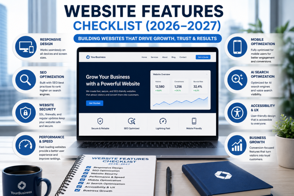 Professional website features checklist showing responsive design, SEO, security, performance, mobile optimization, accessibility, and business growth.
