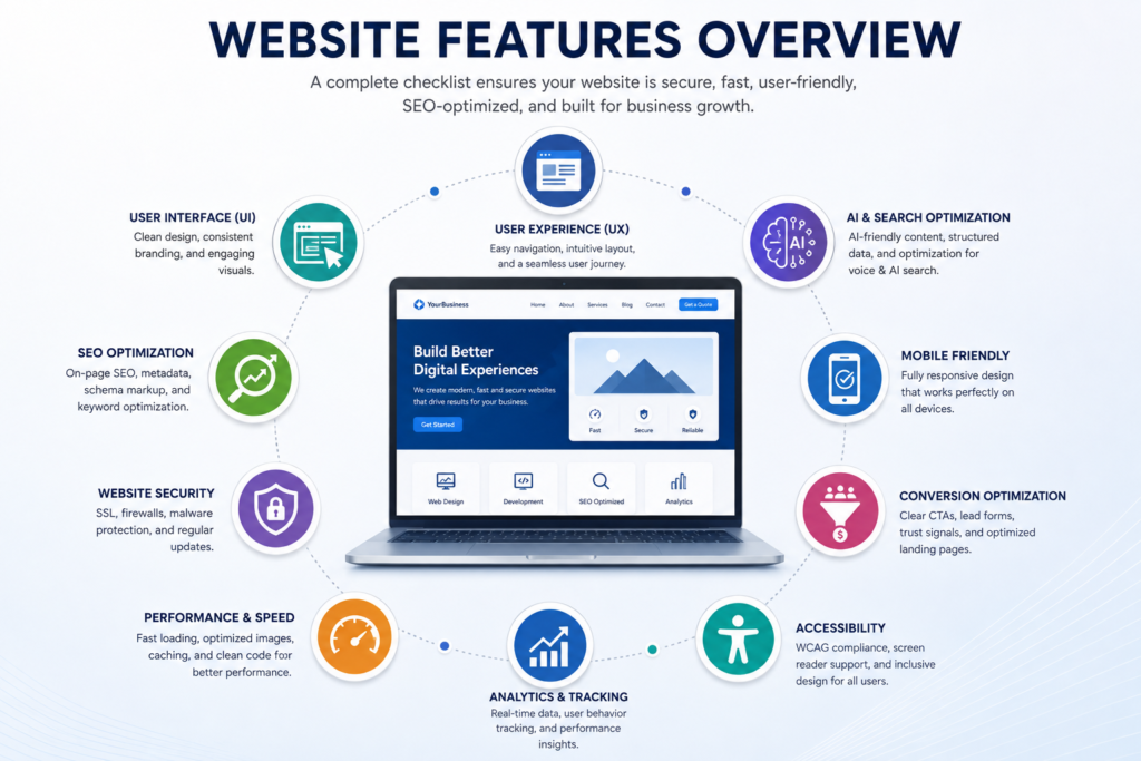 Illustration explaining the core components of a professional website features checklist.