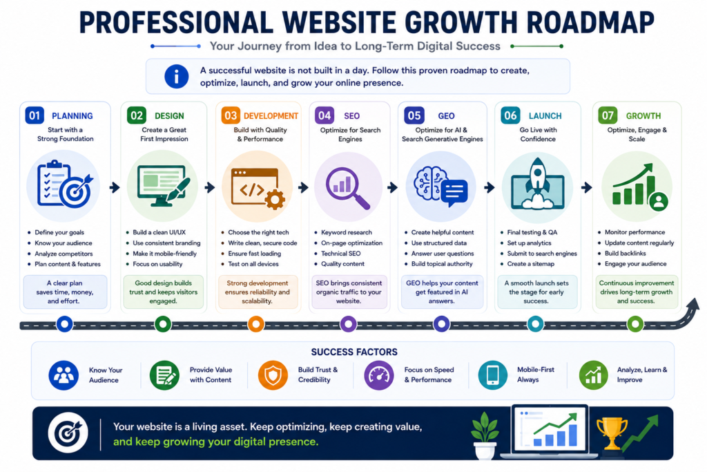 Roadmap illustrating the journey from website planning to long-term digital growth.