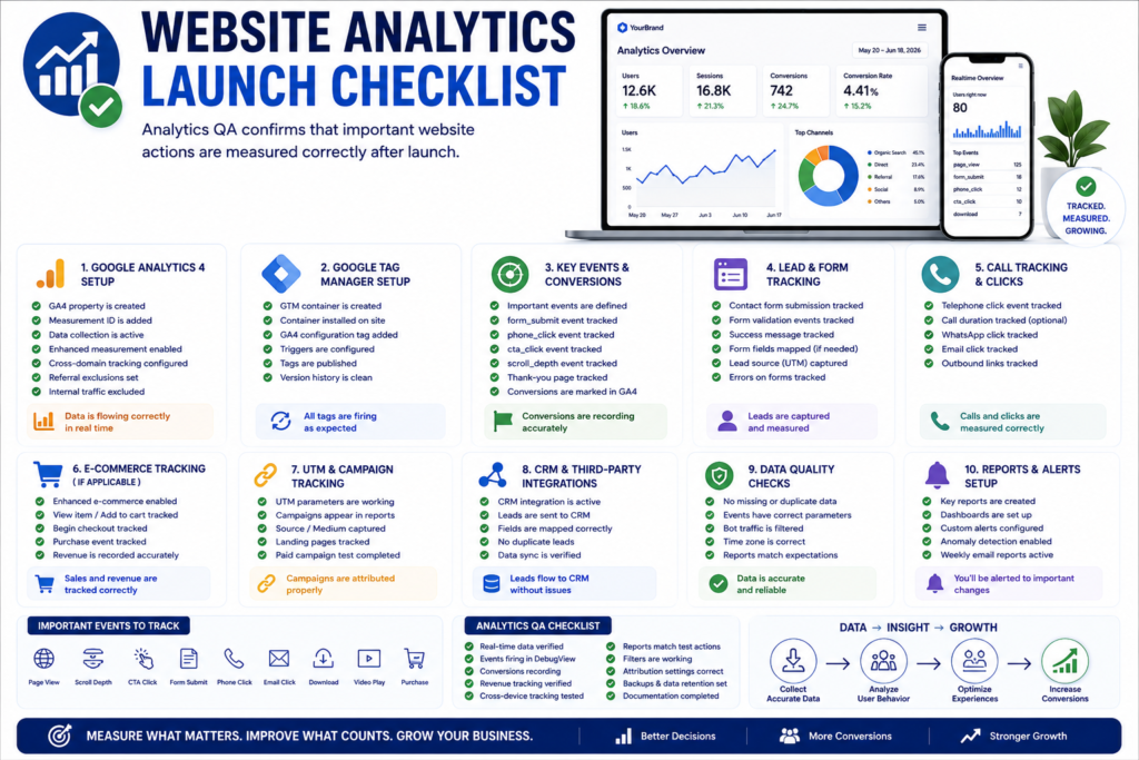 Website analytics launch checklist showing GA4, Tag Manager, events, conversions, forms, and CRM tracking.