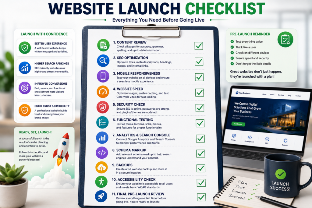 Professional checklist for launching a business website successfully.