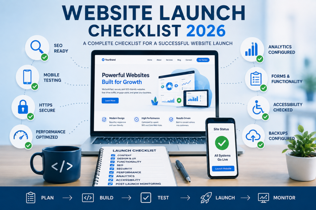 Complete website launch checklist covering SEO, testing, security, performance, analytics, accessibility, and post-launch monitoring.