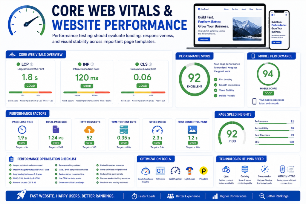 Website performance dashboard showing LCP, INP, CLS, image optimization, caching, and CDN.