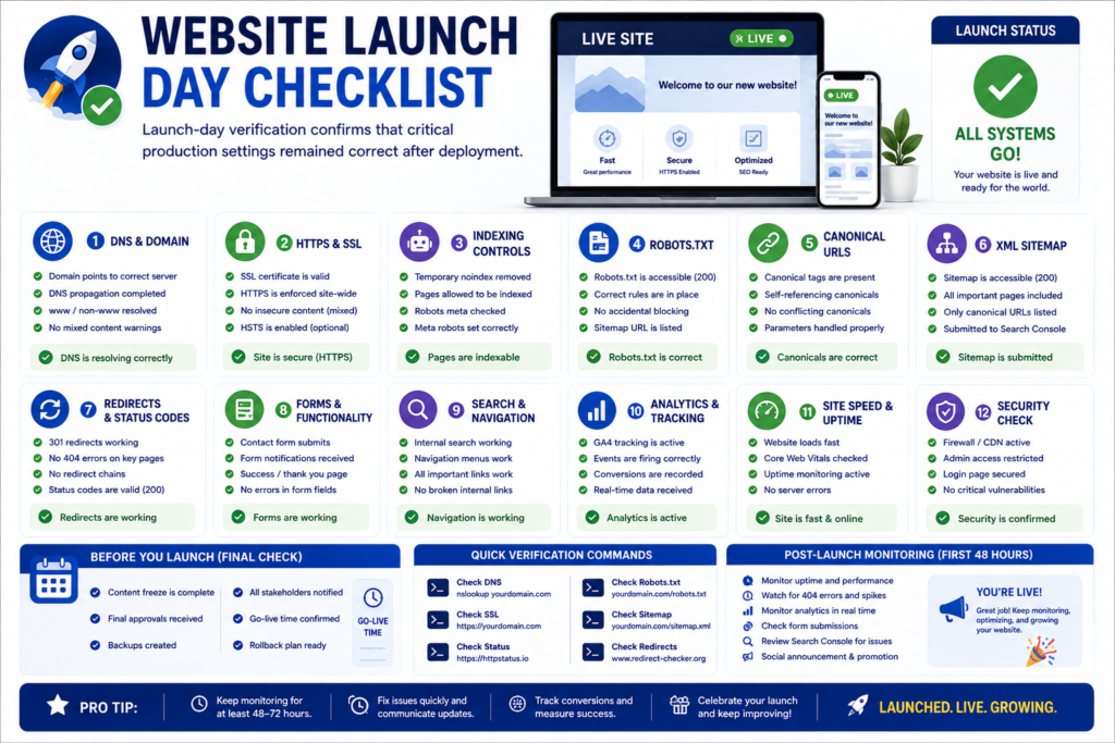 Website launch day checklist showing DNS, HTTPS, robots.txt, noindex, canonical tags, sitemap, forms, redirects, and analytics.
