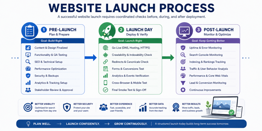 Website launch process showing pre-launch, launch-day, and post-launch stages.