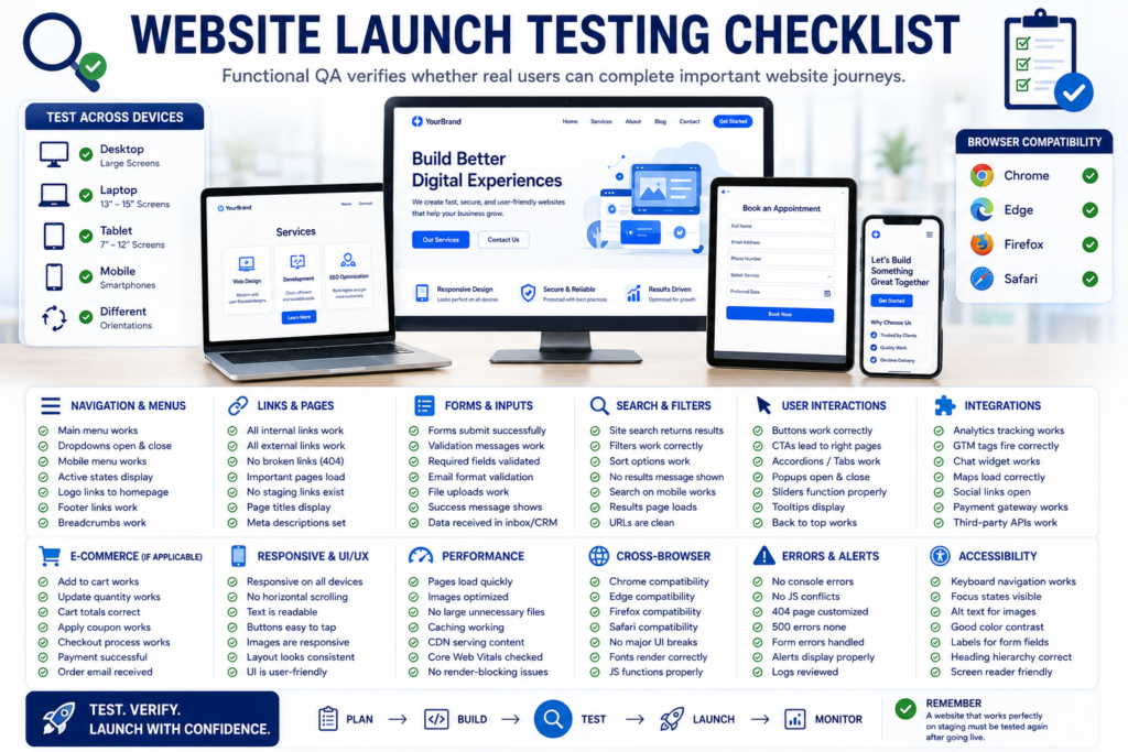 Website launch testing checklist covering forms, navigation, browsers, devices, user journeys, and integrations.