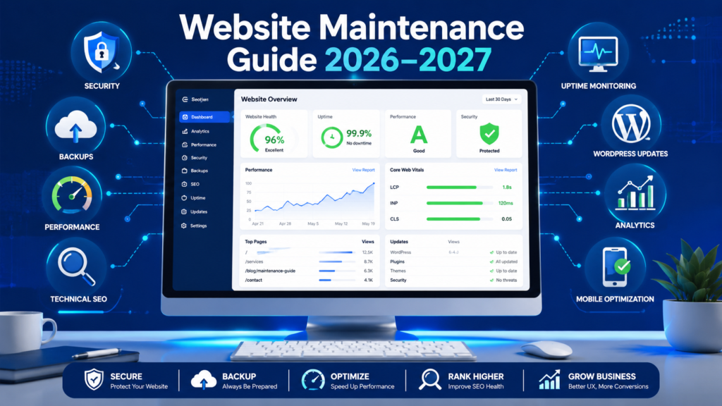 Complete website maintenance guide covering security, backups, performance, SEO, uptime monitoring, WordPress, and website health.