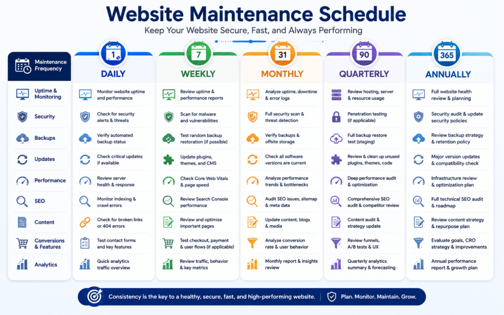Website maintenance schedule showing daily, weekly, monthly, quarterly, and annual website maintenance tasks.