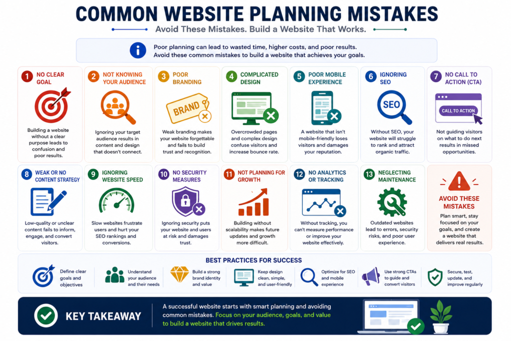 Infographic illustrating common mistakes made when planning business and personal websites.