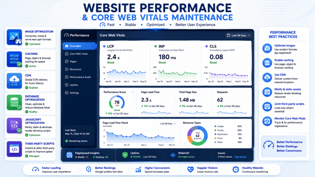 Website performance maintenance dashboard showing Core Web Vitals, LCP, INP, CLS, caching, CDN, images, and third party scripts.