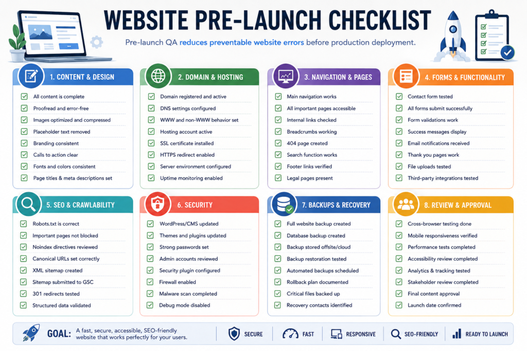 Website pre-launch checklist for content, domain, hosting, navigation, forms, SEO, security, and backups.