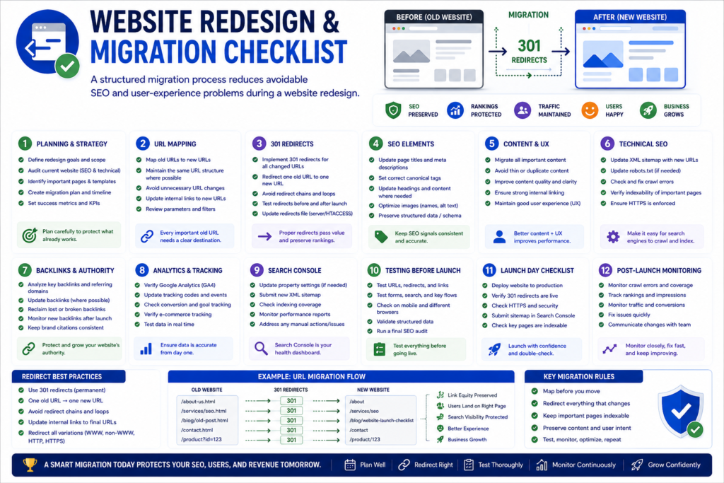 A structured migration process reduces avoidable SEO and user-experience problems during a website redesign.