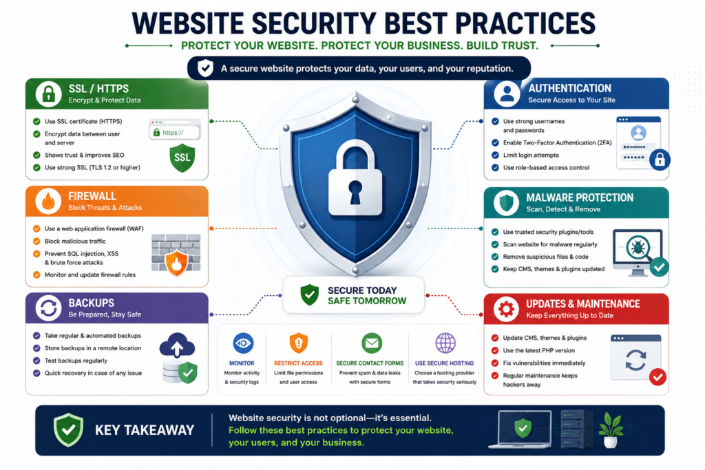 Website security checklist including SSL, backups, firewall, authentication, and malware protection.