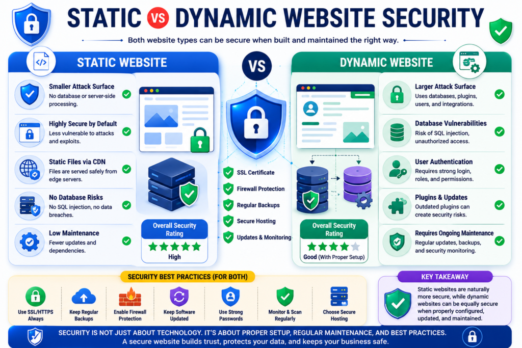 Security comparison showing attack surfaces and protection mechanisms for static and dynamic websites.