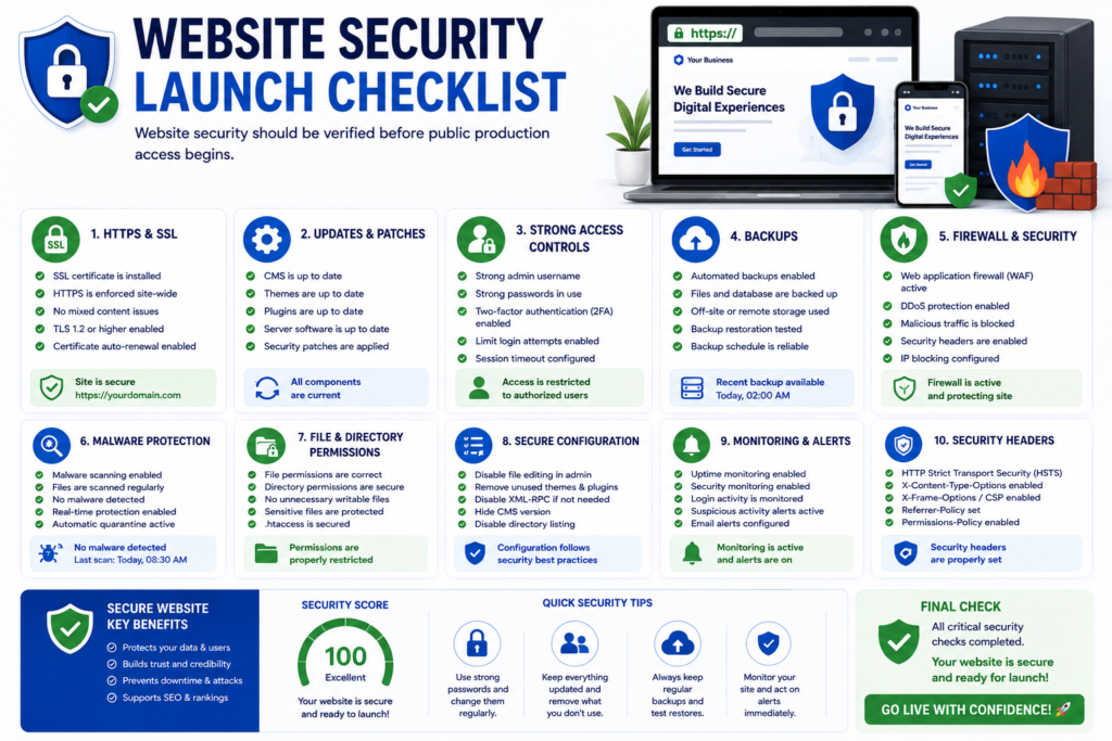 Website launch security checklist showing HTTPS, backups, firewall, permissions, updates, and malware monitoring.