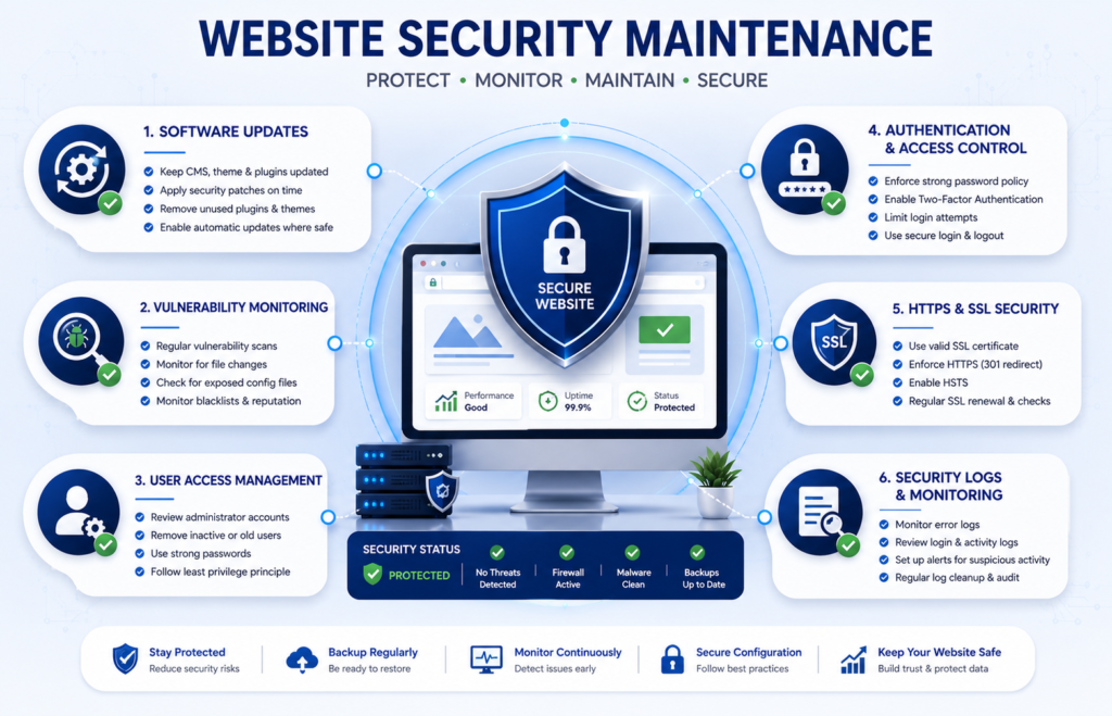 Website security maintenance checklist covering software updates, vulnerability monitoring, administrator access, authentication, HTTPS, and security logs.
